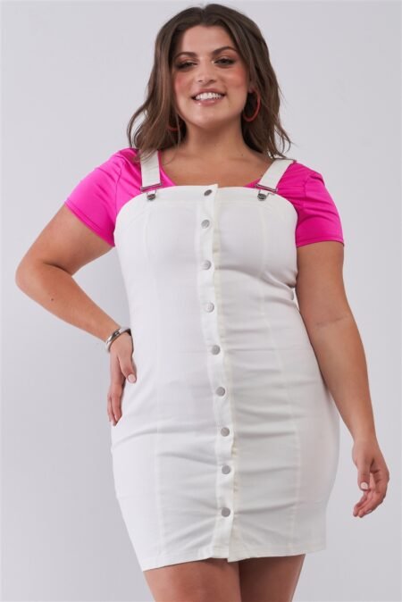 plus denim sleeveless front snap button down pinafore mini dress