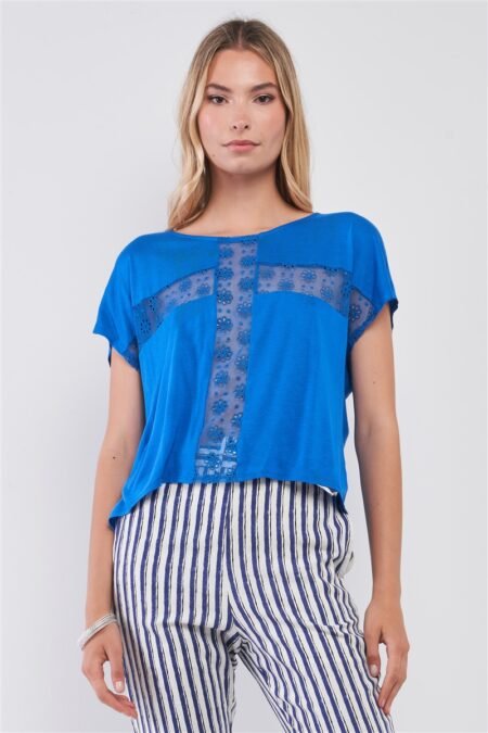 royal blue boat neck short sleeve see trough cross cut in detail with floral embroidery top