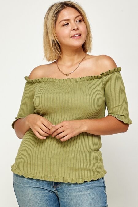 plus size rib knit off shoulder short sleeve top
