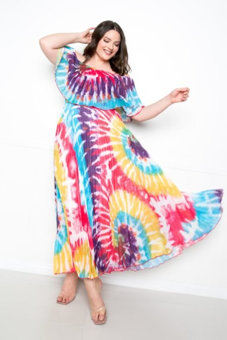 tie dye off shoulder pleated maxi dress