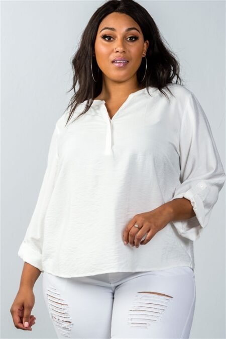 plus size oatmeal stand up collar roll tab sleeve blouse