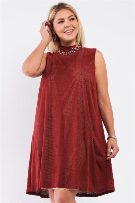plus rust and nude illusion high neck swing dress