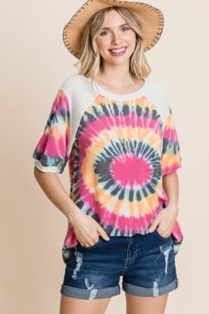 french terry tie dye printed casual mini bubble sleeves tunic top
