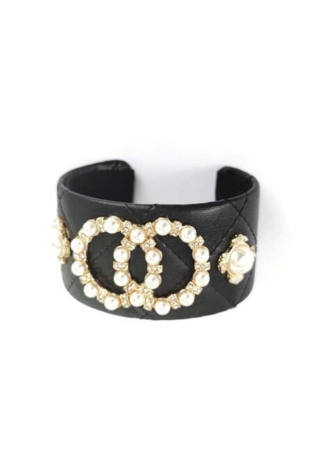 fashion pearl double round studded faux leather cuff bracelet