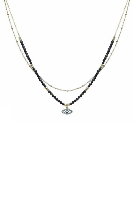 2 layered metal seed bead evil eye pendant necklace