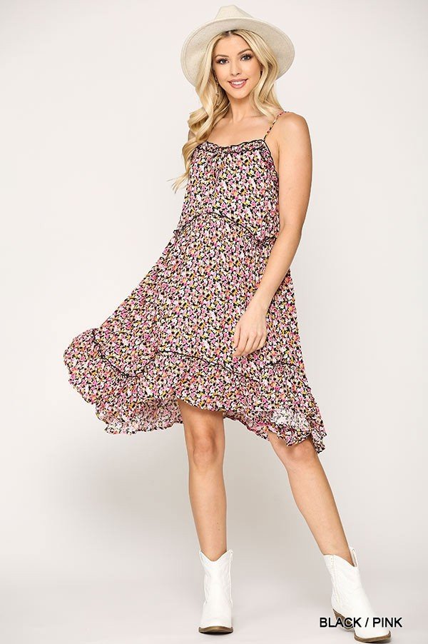 ditsy floral print sleeveless dress with lace trim