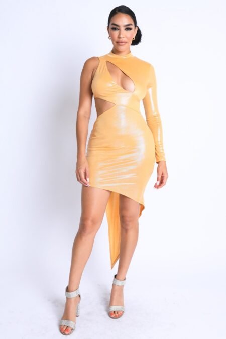foil asymmetric sleeve and cut out midi dress