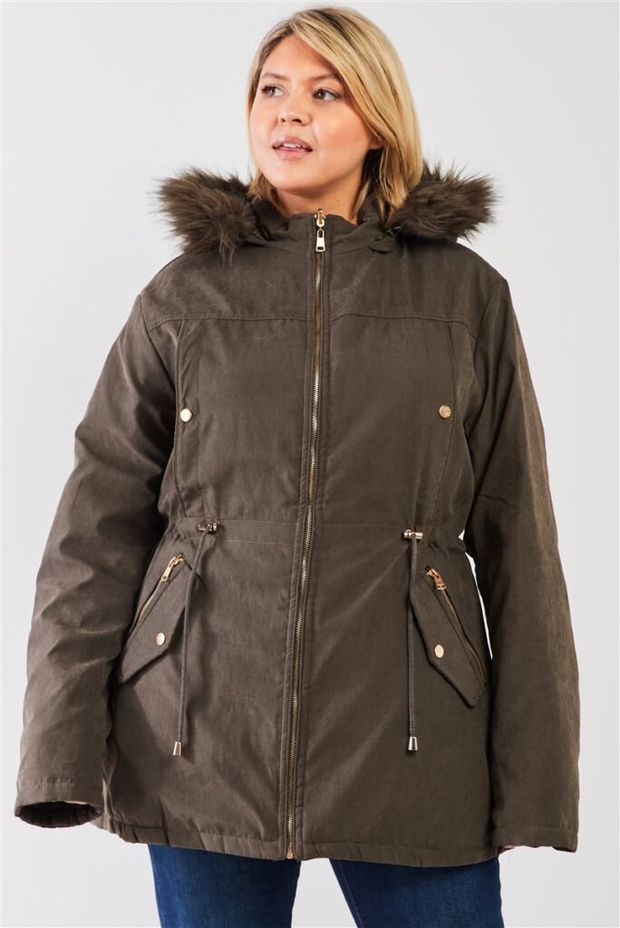 plus size vegan fur double sided cotton twill parka & puffer jacket