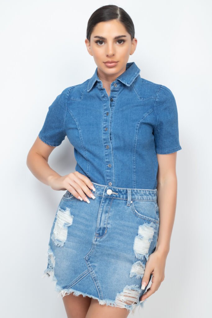 button down collared denim top