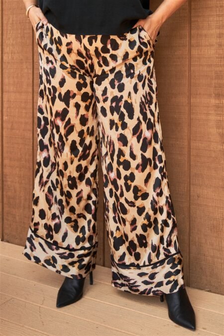 plus taupe combo leopard print satin high waisted wide leg pants
