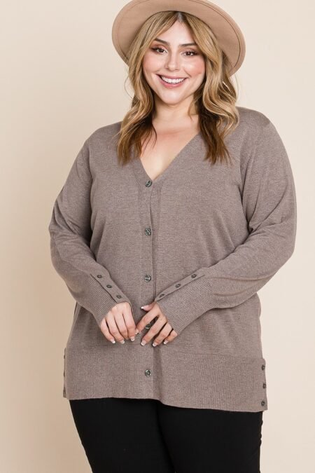 plus size solid buttery soft v neck button up high quality two tone knit cardigan