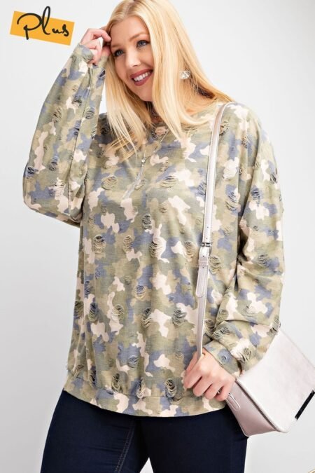 plus size long sleeve distressed printed rayon pullover top
