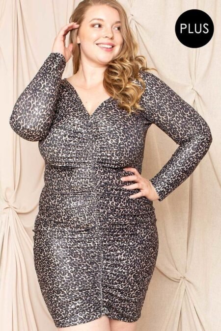 leopard print shirring plus size mini dress