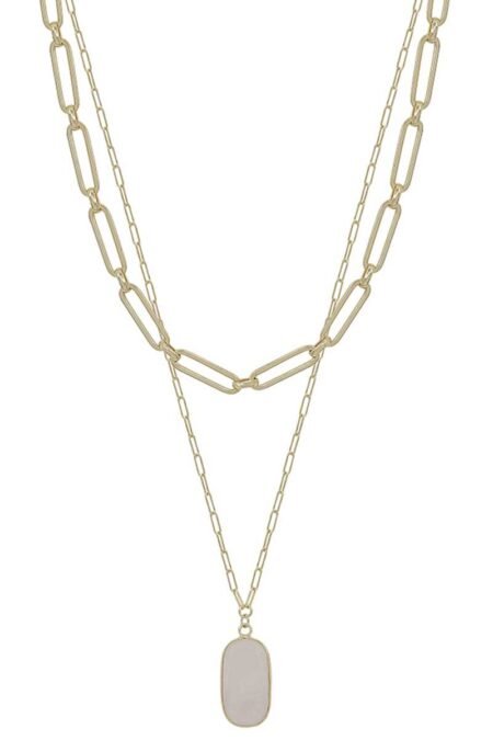 2 layered metal chain stone pendant necklace