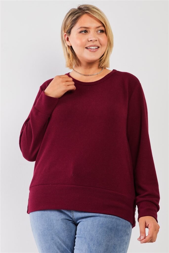 plus wine red ribbed round neck long balloon sleeve button trim top