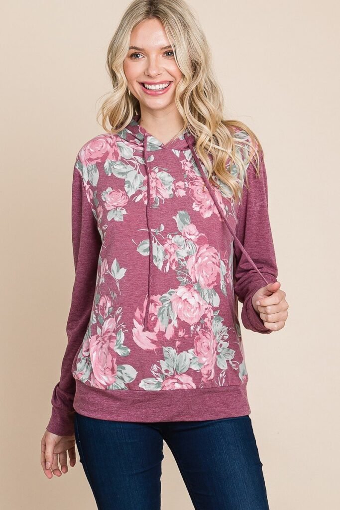 floral printed contrast hoodie with relaxed fit and cuff detail