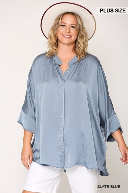 washed satin button down loose fit top with hi lo hem