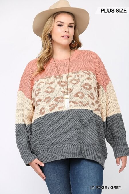 color block and leopard pattern mixed pullover sweater