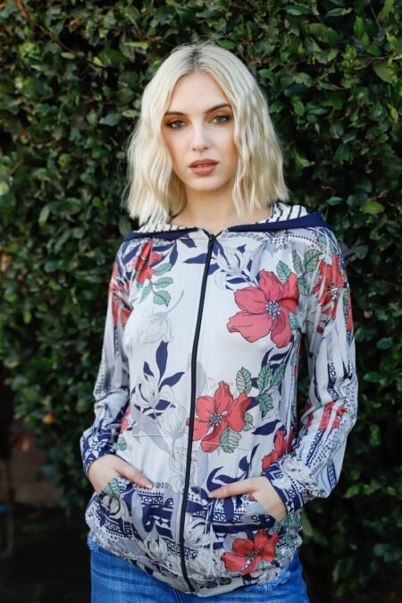 navy rust flower print zip up contrast striped hood sweater