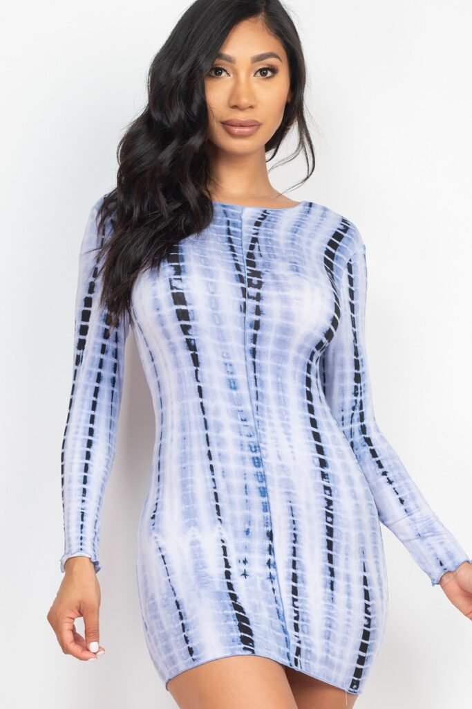 tie dye printed lettuce trim bodycon dress
