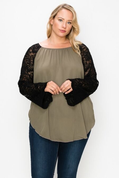 solid top featuring flattering lace bell sleeves