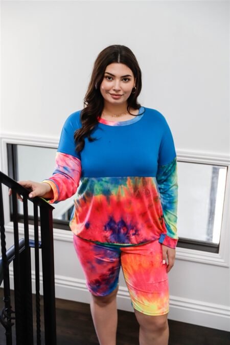 plus blue neon rainbow tie dye colorblock long sleeve top & biker shorts set