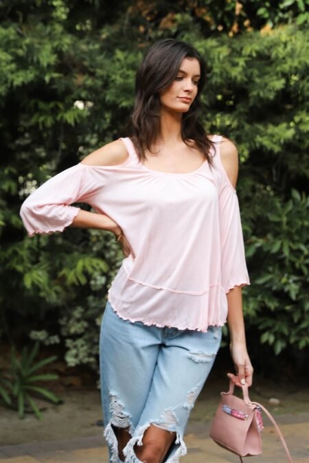 pink cold shoulder back self tie detail midi sleeve lettuce edge top
