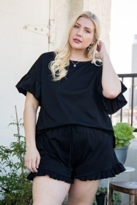 round neck ruffle sleeve side slit french terry top