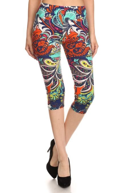 multi color ornate print cropped length fitted leggings with high elastic waist.