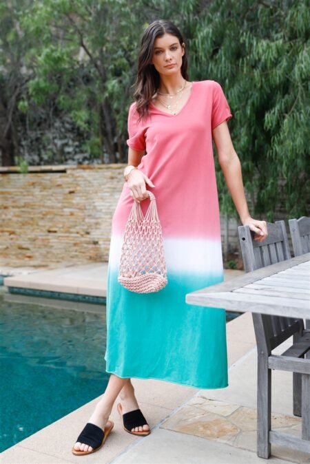 brick multi color cotton tie dye v neck maxi dress