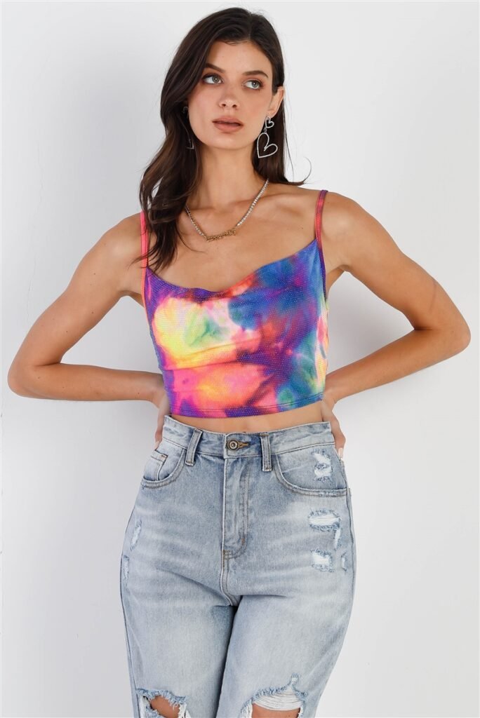 multi color neon tie dye lurex cowl neck sleeveless crop top