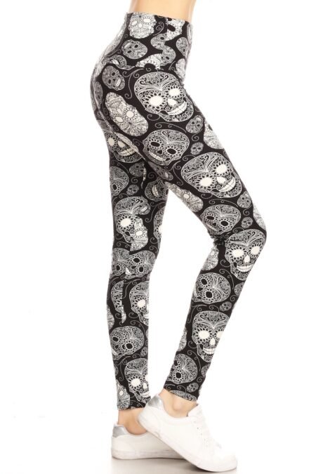 long yoga style banded lined skull printed knit legging with high waist