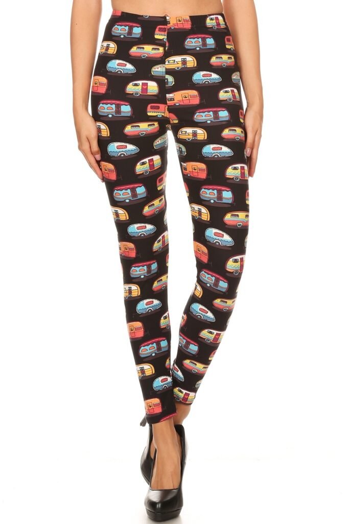multicolored campers printed, high waisted leggings in a fit style, with an elastic waistband