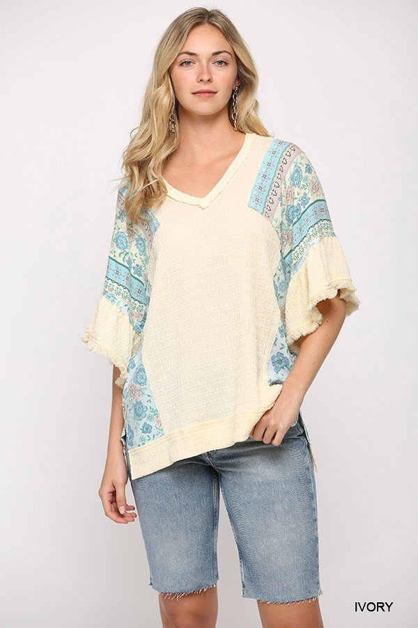 texture knit and print mixed hi low hem top