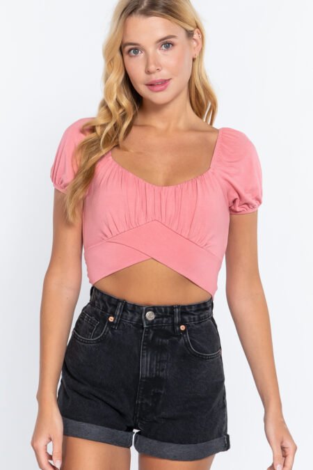 short slv back tie crop knit top