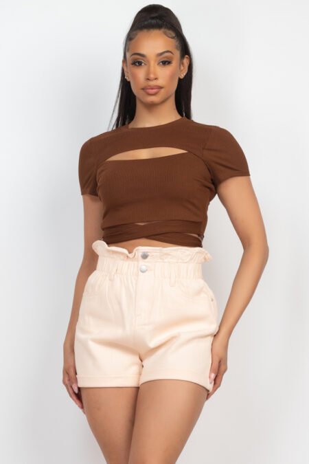 self tie ribbon front cutout crop top