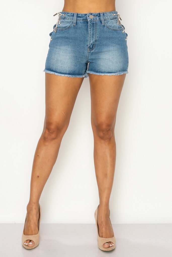 side lace up detailed denim shorts