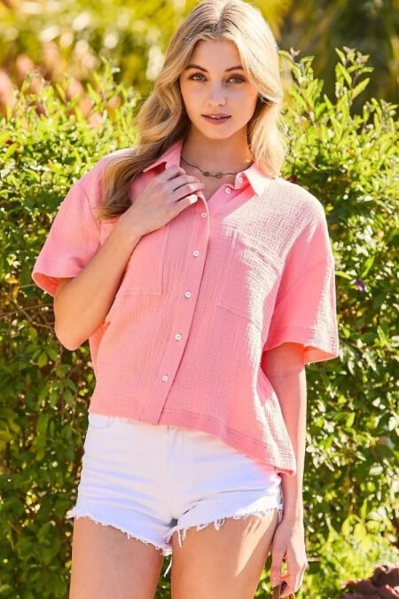 collar neck button down front pockets solid cotton gauze top