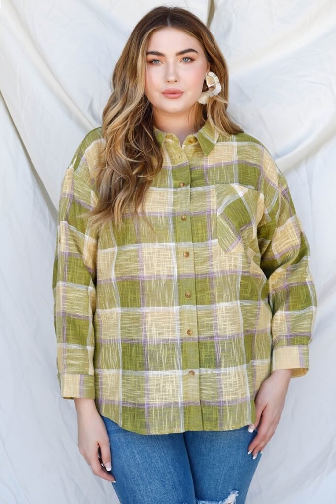 plus lime cotton & linen blend textured plaid shirt top
