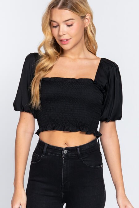 elbow sleeve straight neck smocking w/ruffle detail woven top