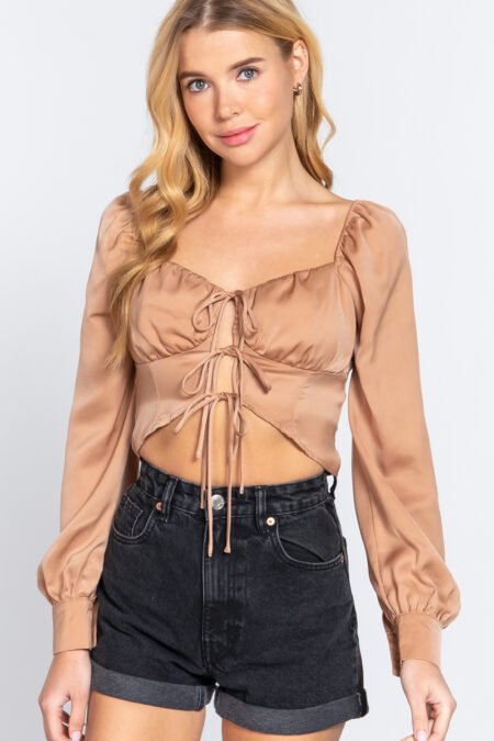 long sleeve sweetheart neck front ribbon tie detail woven top