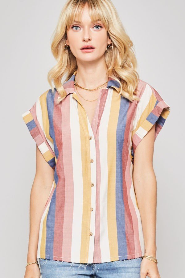 a woven shirt in multicolor striped with collared neckline