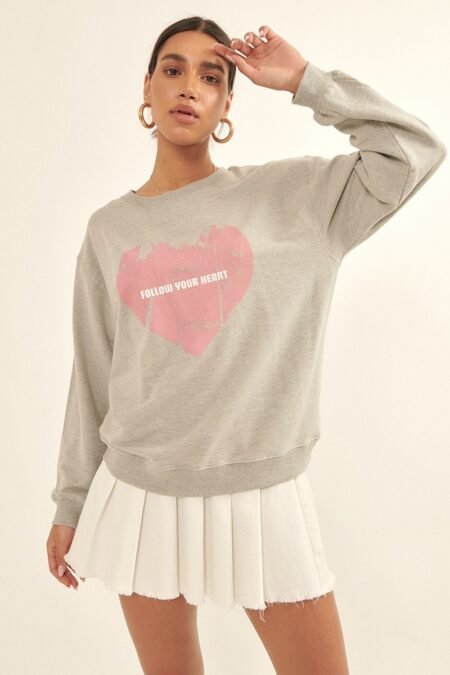vintage style heart graphic print french terry knit sweatshirt