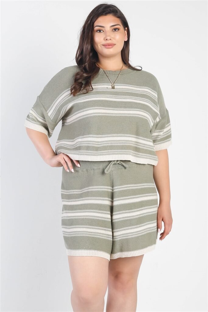 plus olive striped knit short sleeve crop top high waist shorts set
