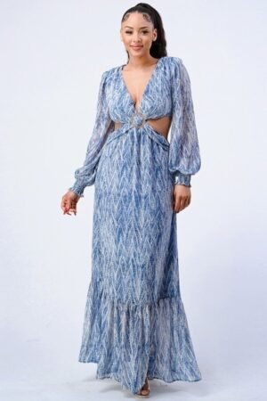 printed v neck self belted side cut out ruffled maxi dress