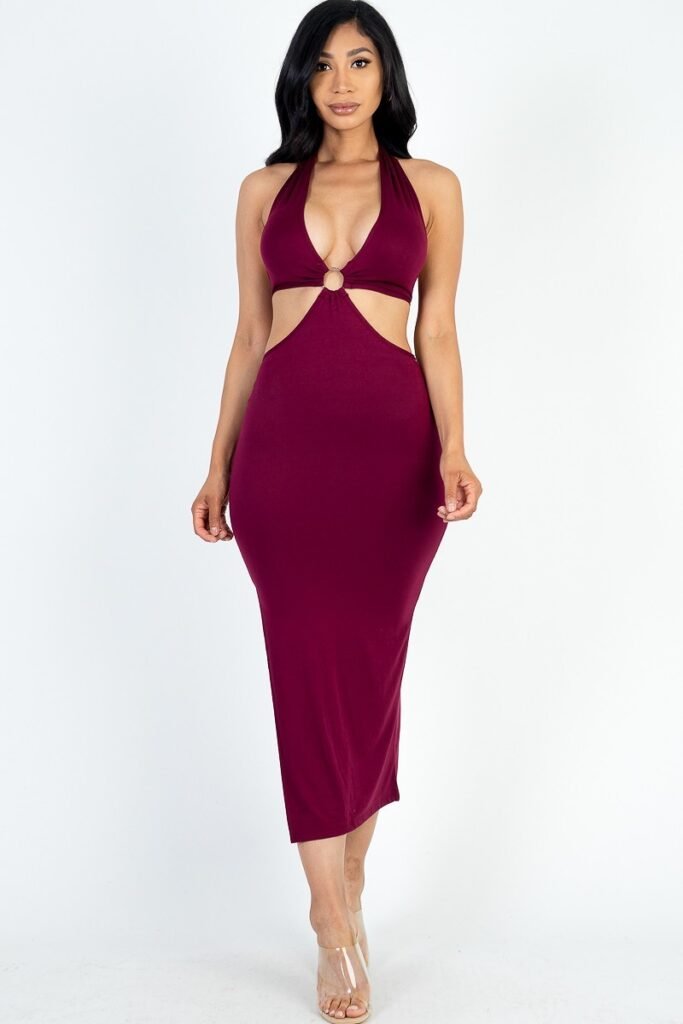 cut out halter neck double back tie split thigh midi dress