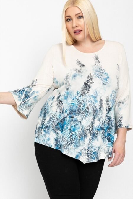 print top featuring a round neckline and 3/4 bell sleeves