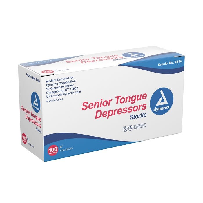 dynarex tongue depressor, senior, sterile 6" box of 100
