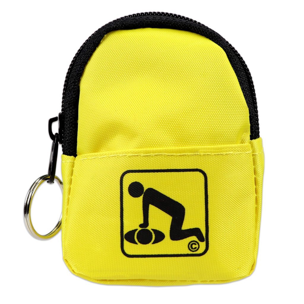 cpr yellow beltloop keychain backpack with faceshield, gloves, and cleansing wipes