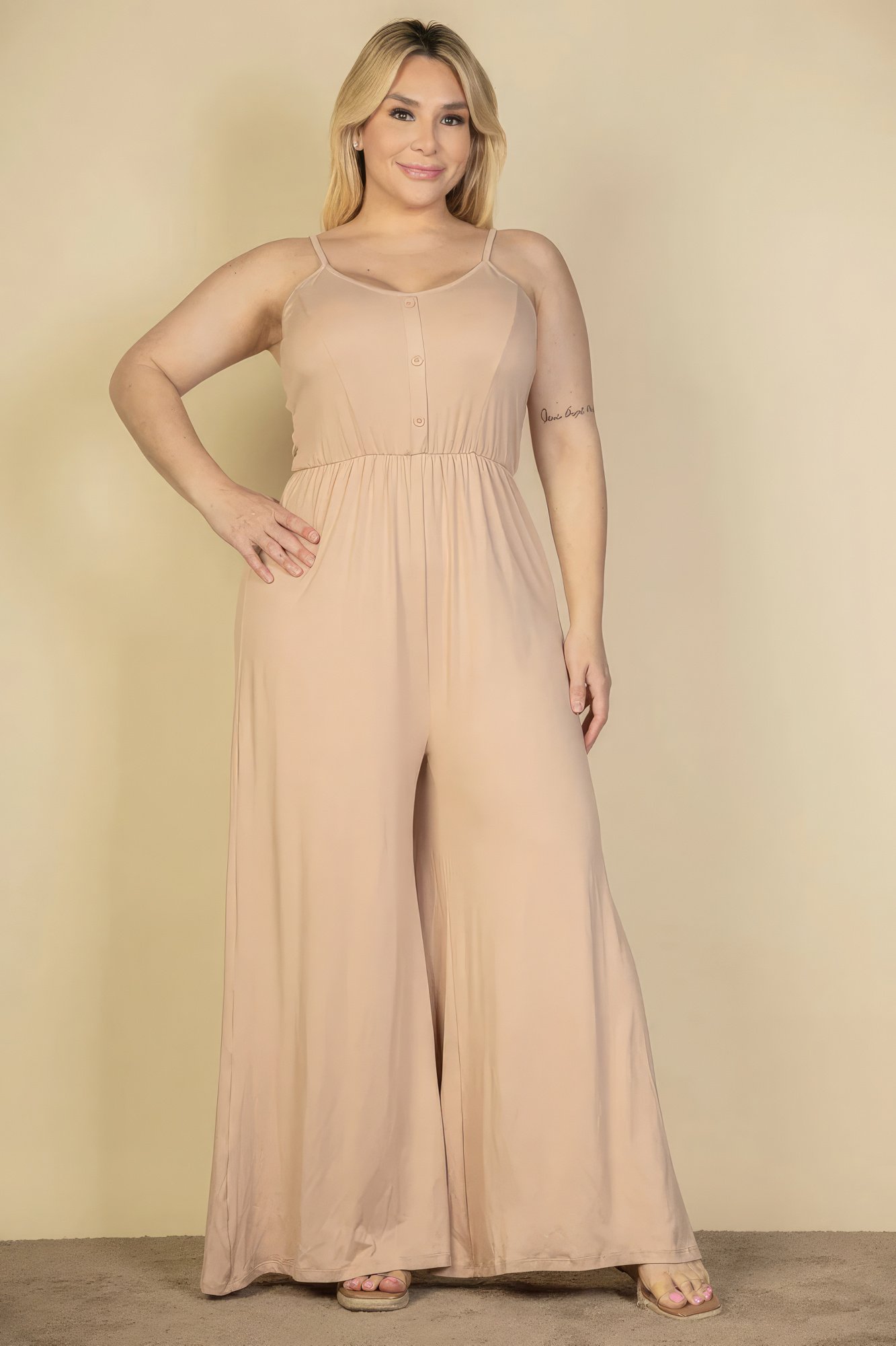 plus size button front wide leg jumpsuit